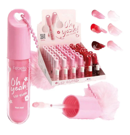 Lip Gloss Oh Yeah Febella com Pom Pom e Coração